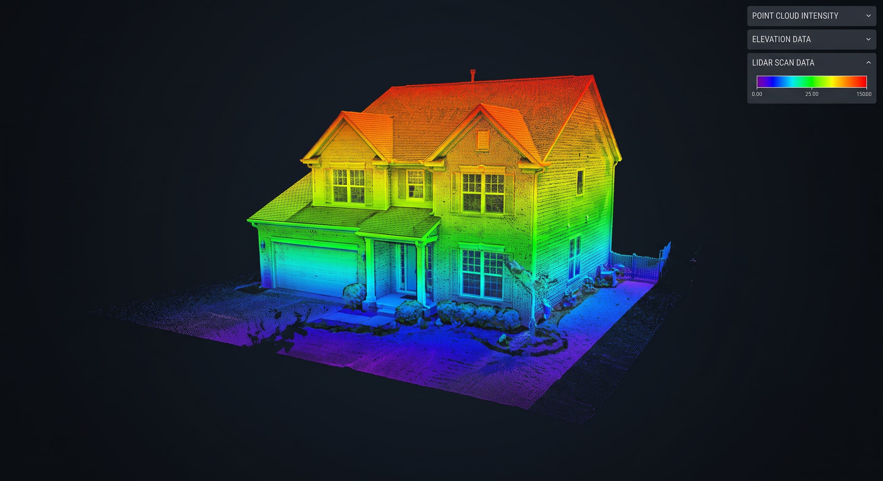 Colorized LiDAR point-cloud scan of a residential property