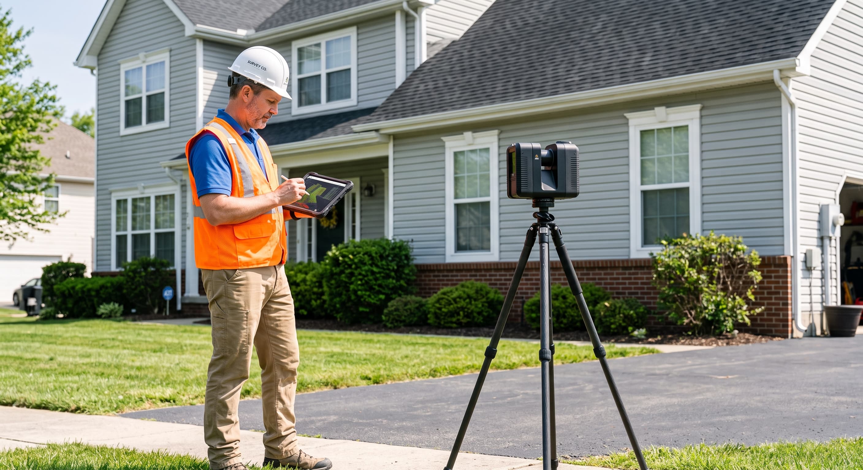 VREALISM technician operating a LiDAR scanner outside a residential property